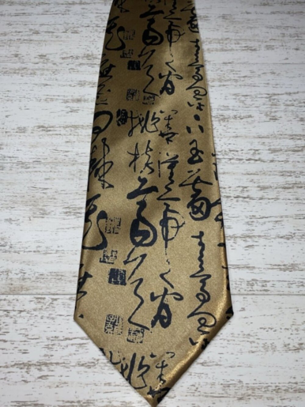 Chinese Calligraphy Silk Tie Gold Black Asian Script Wide 4” Mens 57”